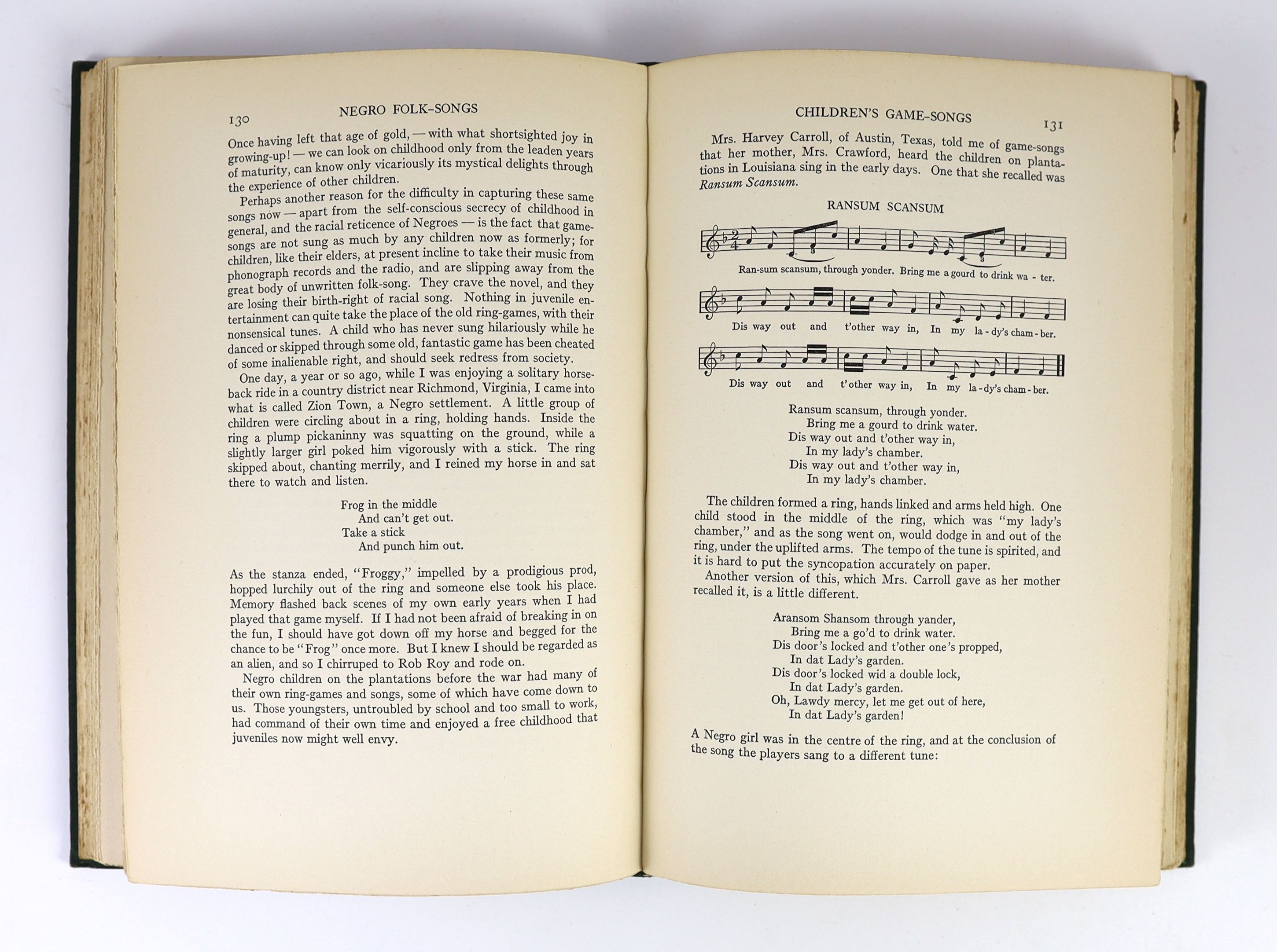 Scarborough, Dorothy - On The Trail of Negro Folk-Songs. 2nd printing. Publisher buckram with gilt letters direct on upper and spine. Gilt top. 8vo. Harvard University Press, Cambridge, 1925., Kelly, R. Talbot - Egypt Pa